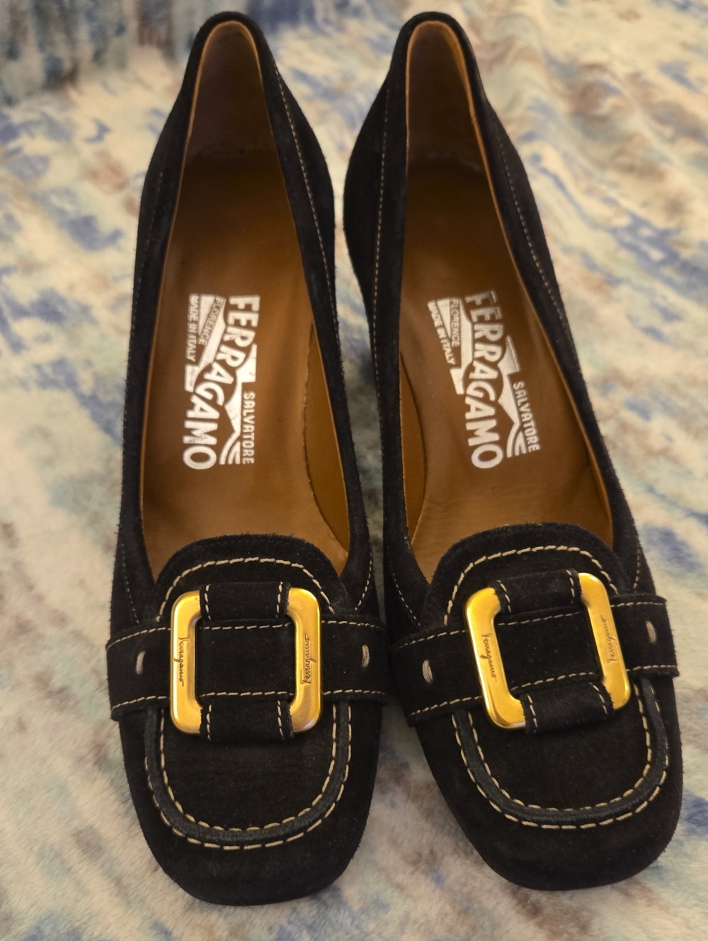 Salvatore Ferragamo Black Suede Loafers with Gold Buckles